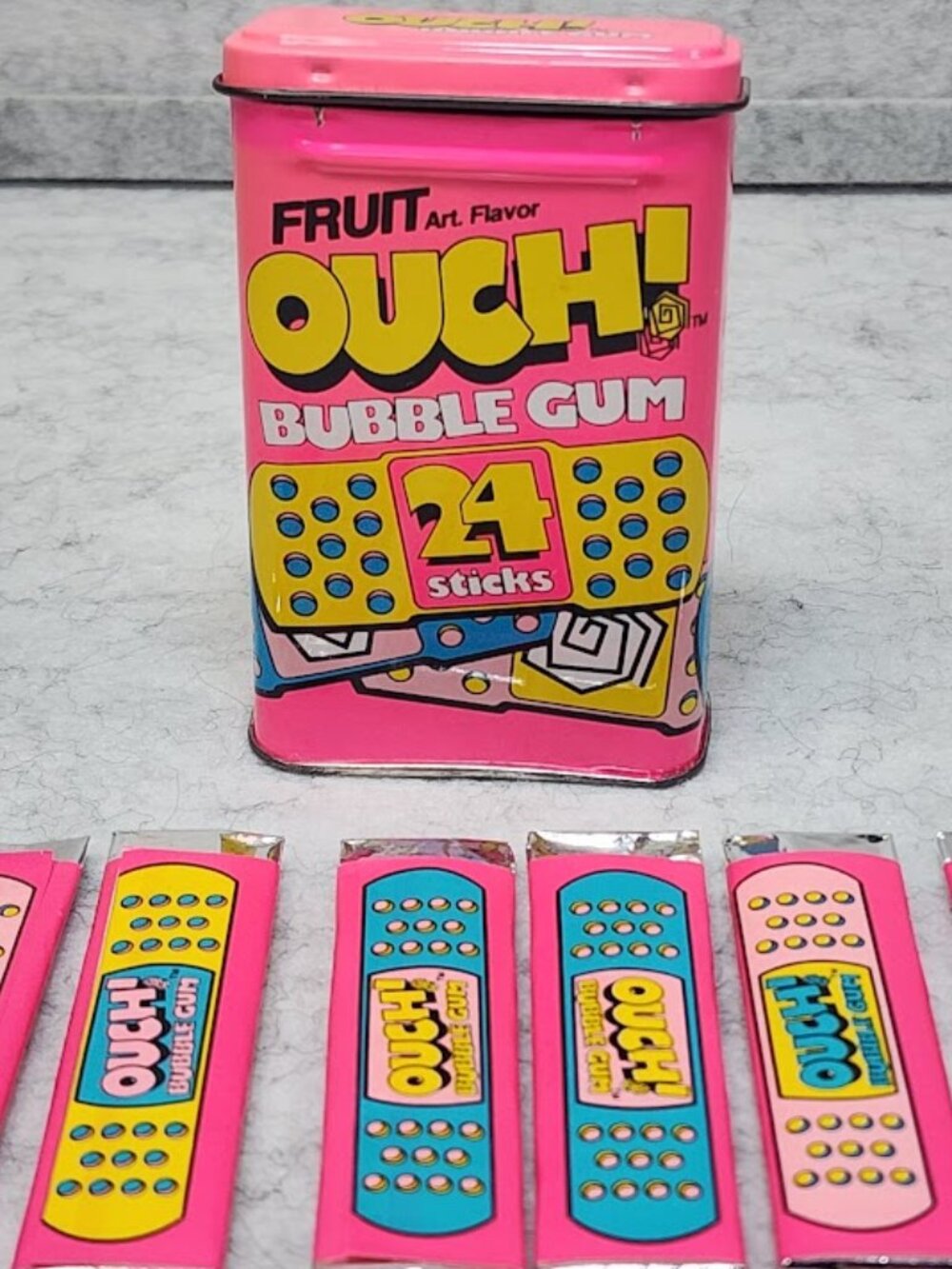 Vintage 90s OUCH Bubble Gum Tin + 6 Original Wrappers